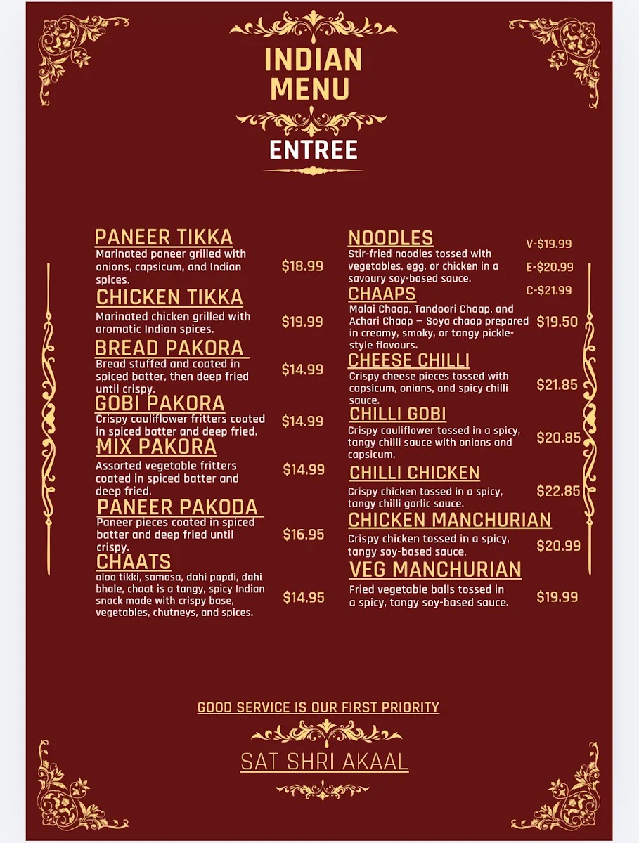 Menu, Malwa Fusion Junction