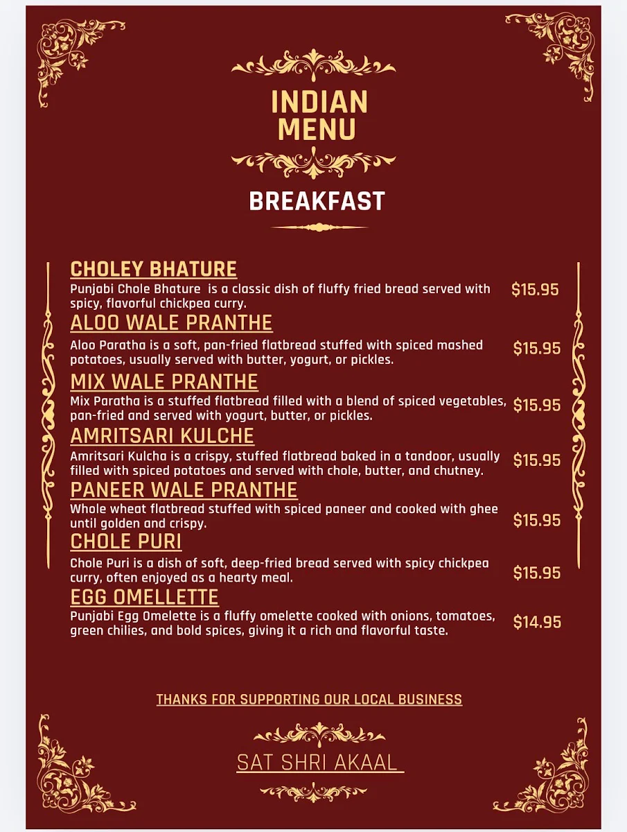 Menu, Malwa Fusion Junction