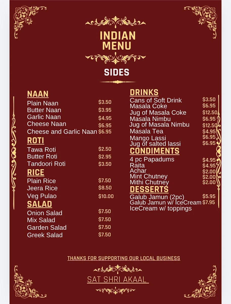Menu, Malwa Fusion Junction