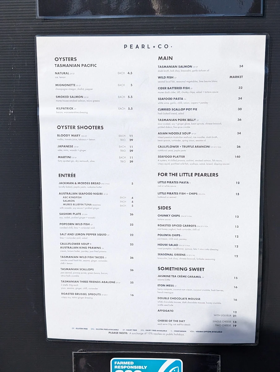 Menu, Pearl + Co