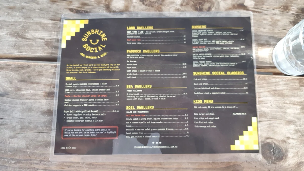 Menu, Sunshine Social - BBQ