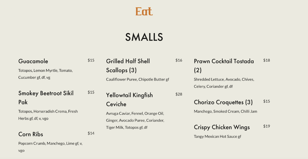 Menu, Polola