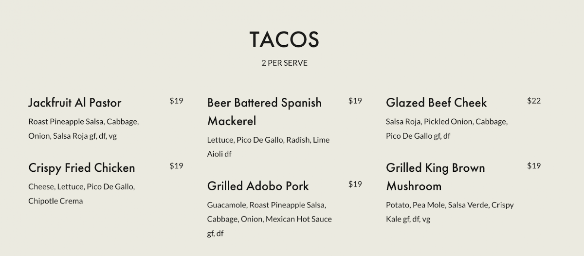 Menu, Polola