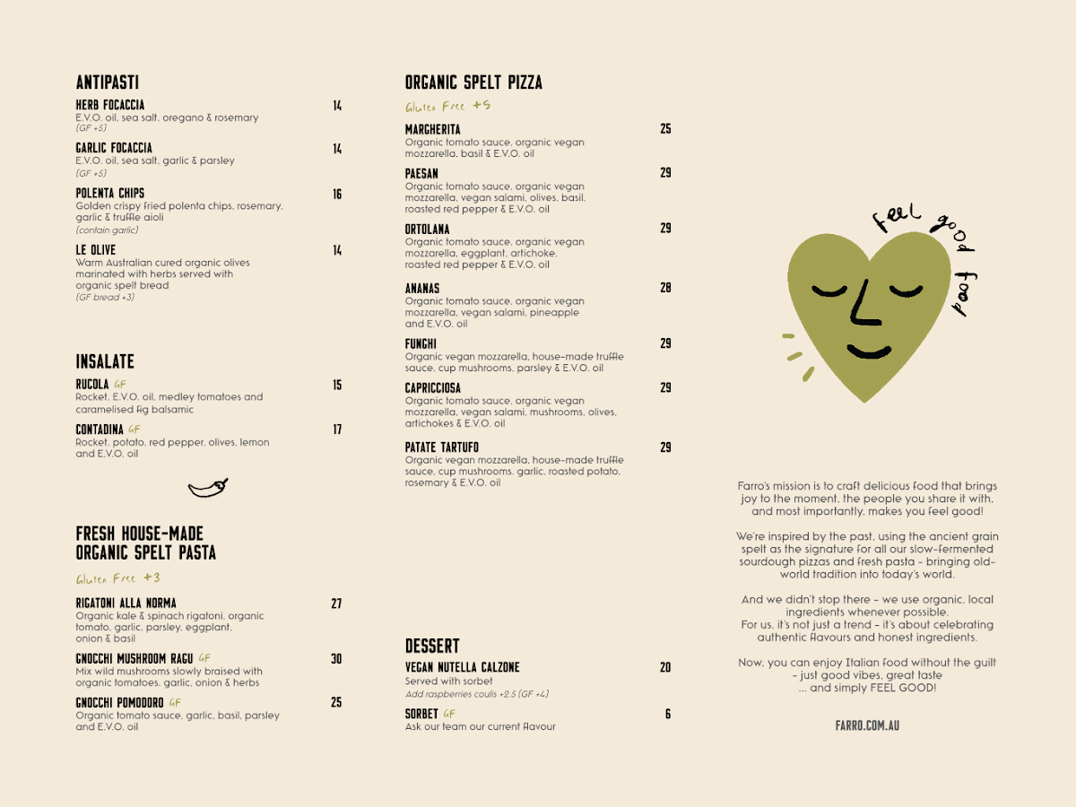 Menu, Farro Pizzeria Thornbury