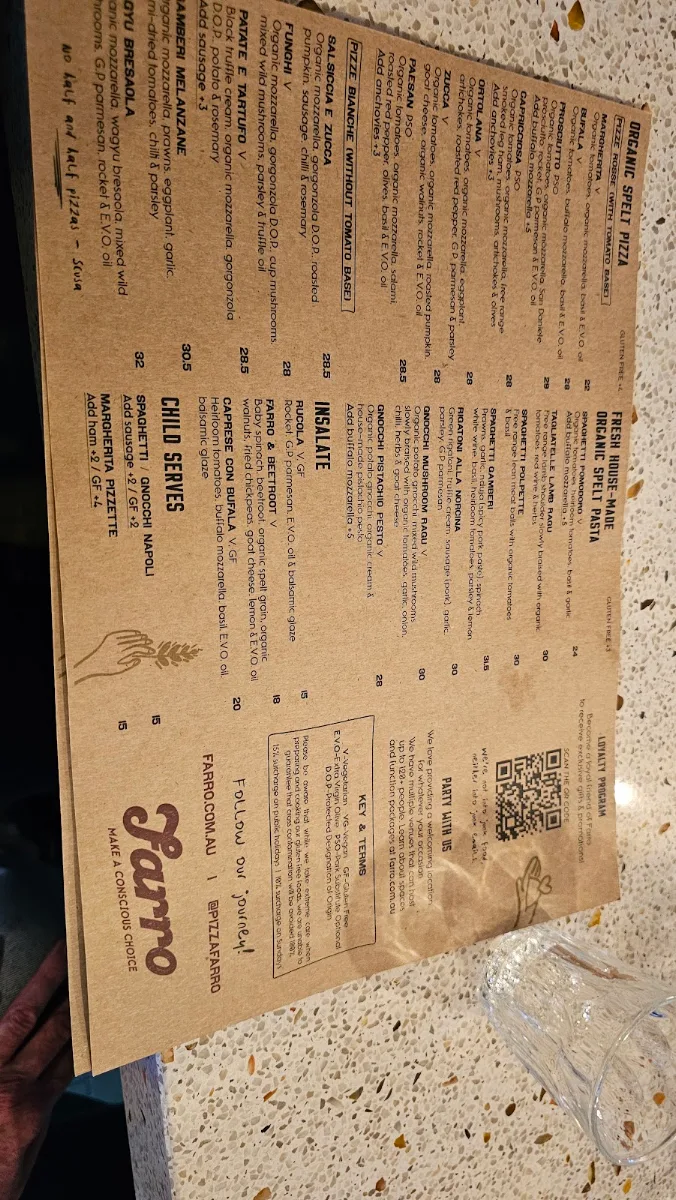 Menu, Farro Pizzeria Thornbury