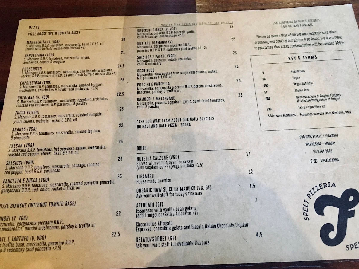 Menu, Farro Pizzeria Thornbury