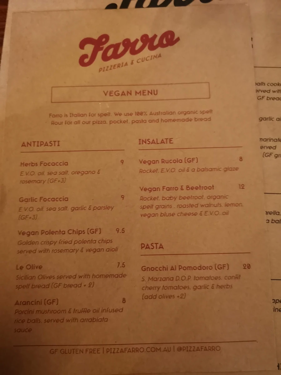 Menu, Farro Pizzeria Thornbury