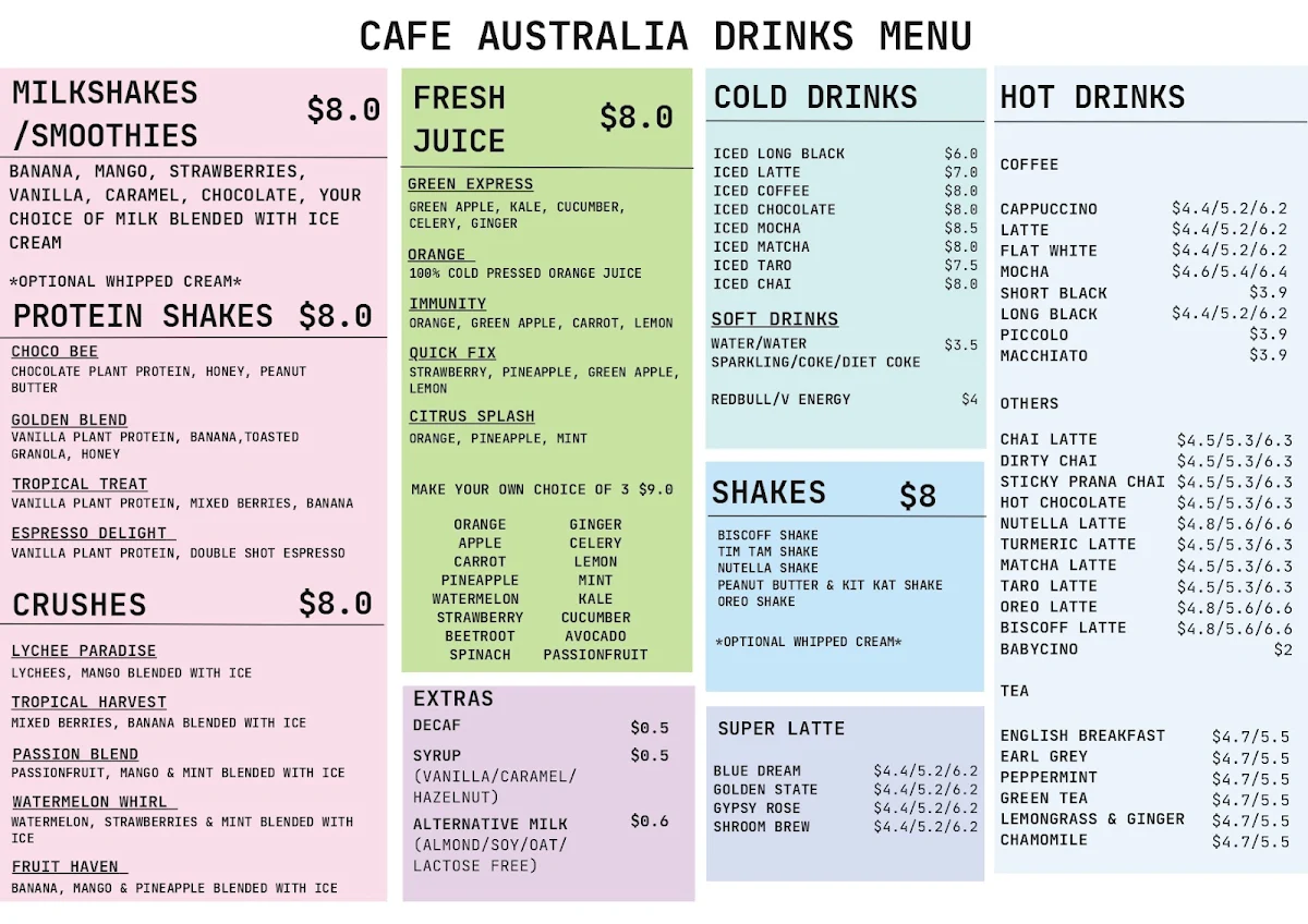 Menu, Cafe Australia
