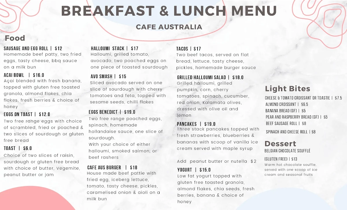 Menu, Cafe Australia