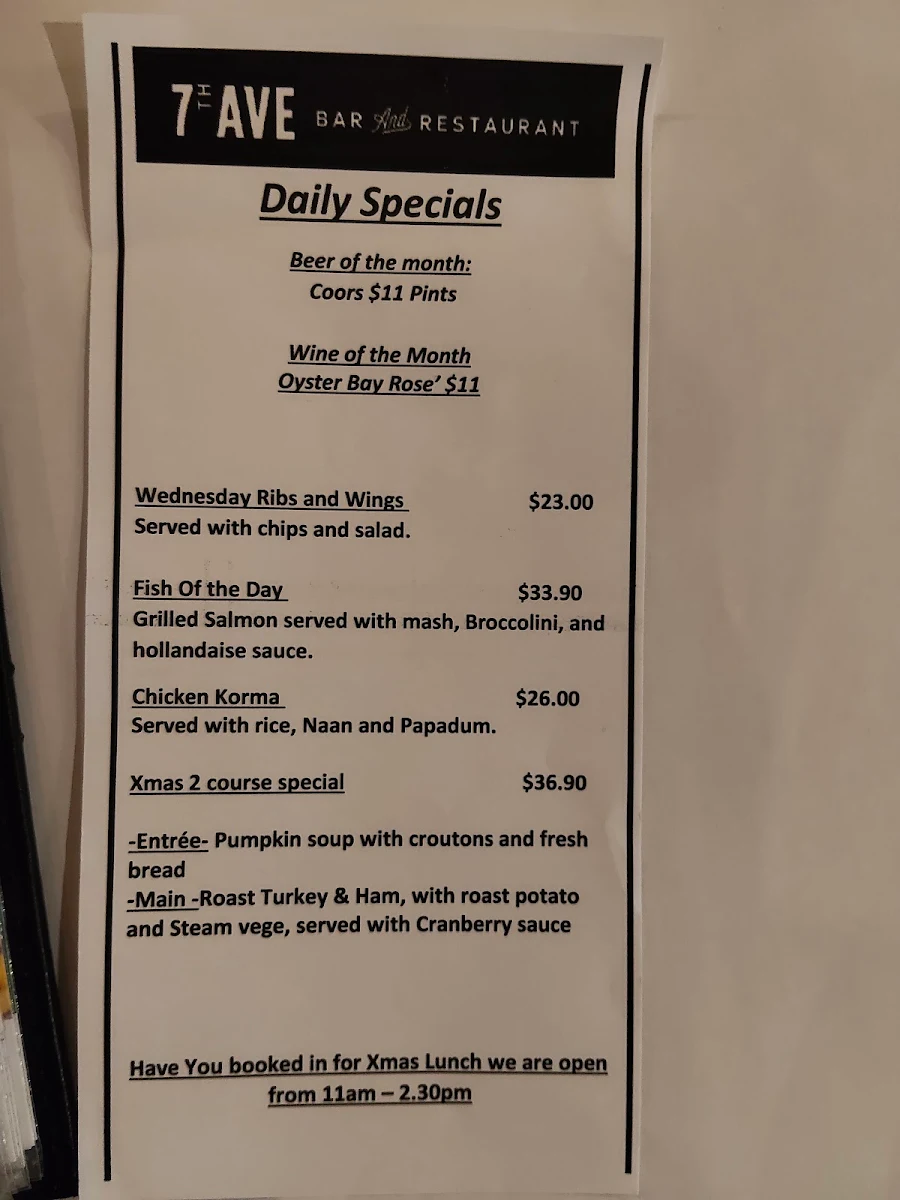 Menu, The 7th Ave Bar & Restaurant