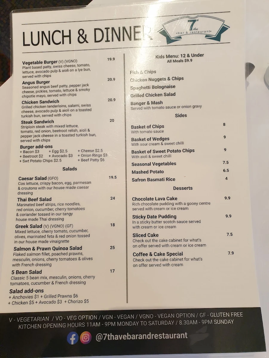 Menu, The 7th Ave Bar & Restaurant