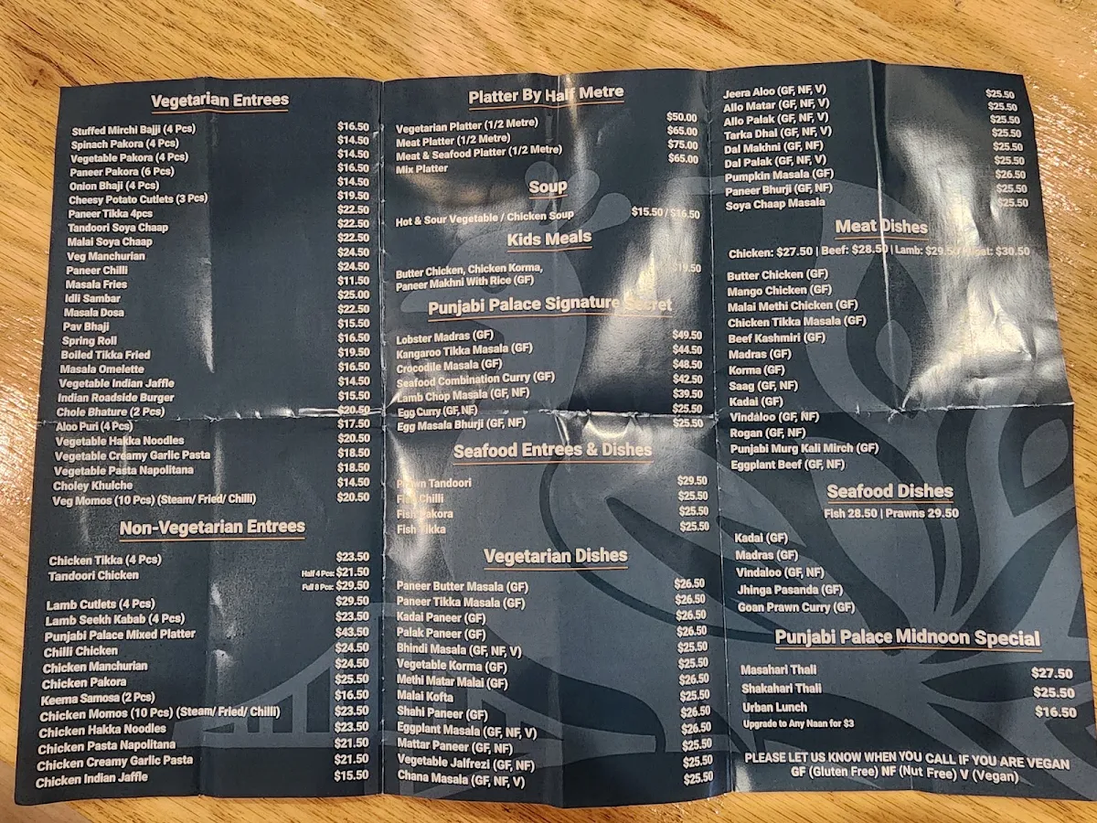 Menu, Punjabi Palace Cairns