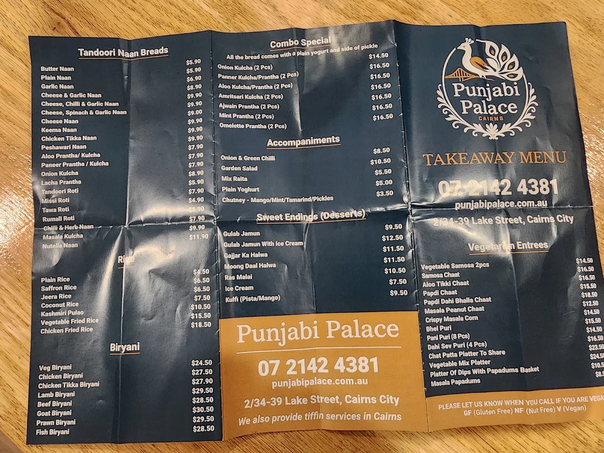 Menu, Punjabi Palace Cairns