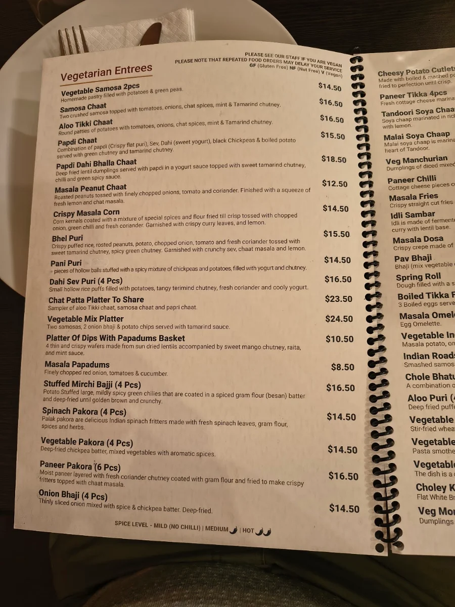 Menu, Punjabi Palace Cairns