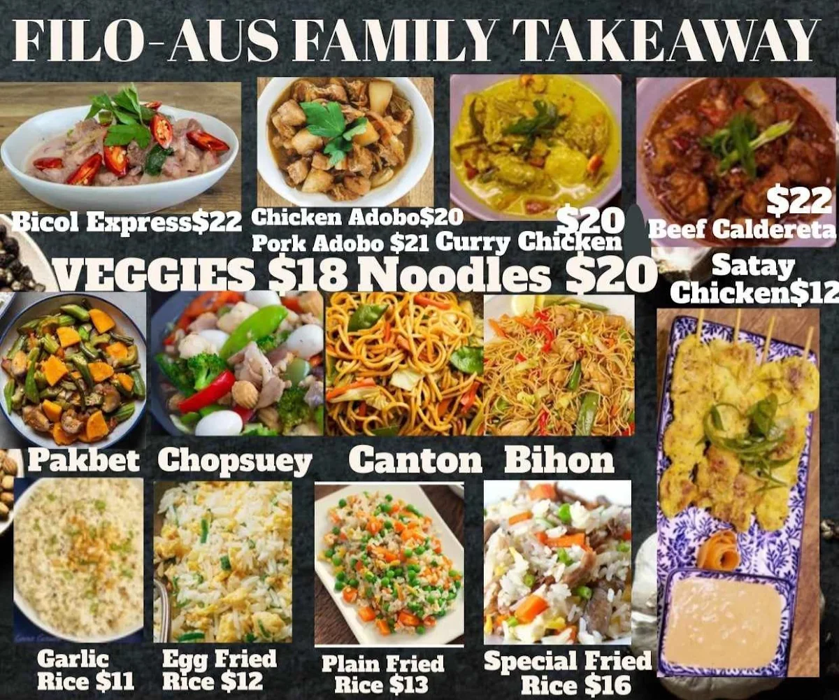 Menu, Filo-Aus Family Takeaway