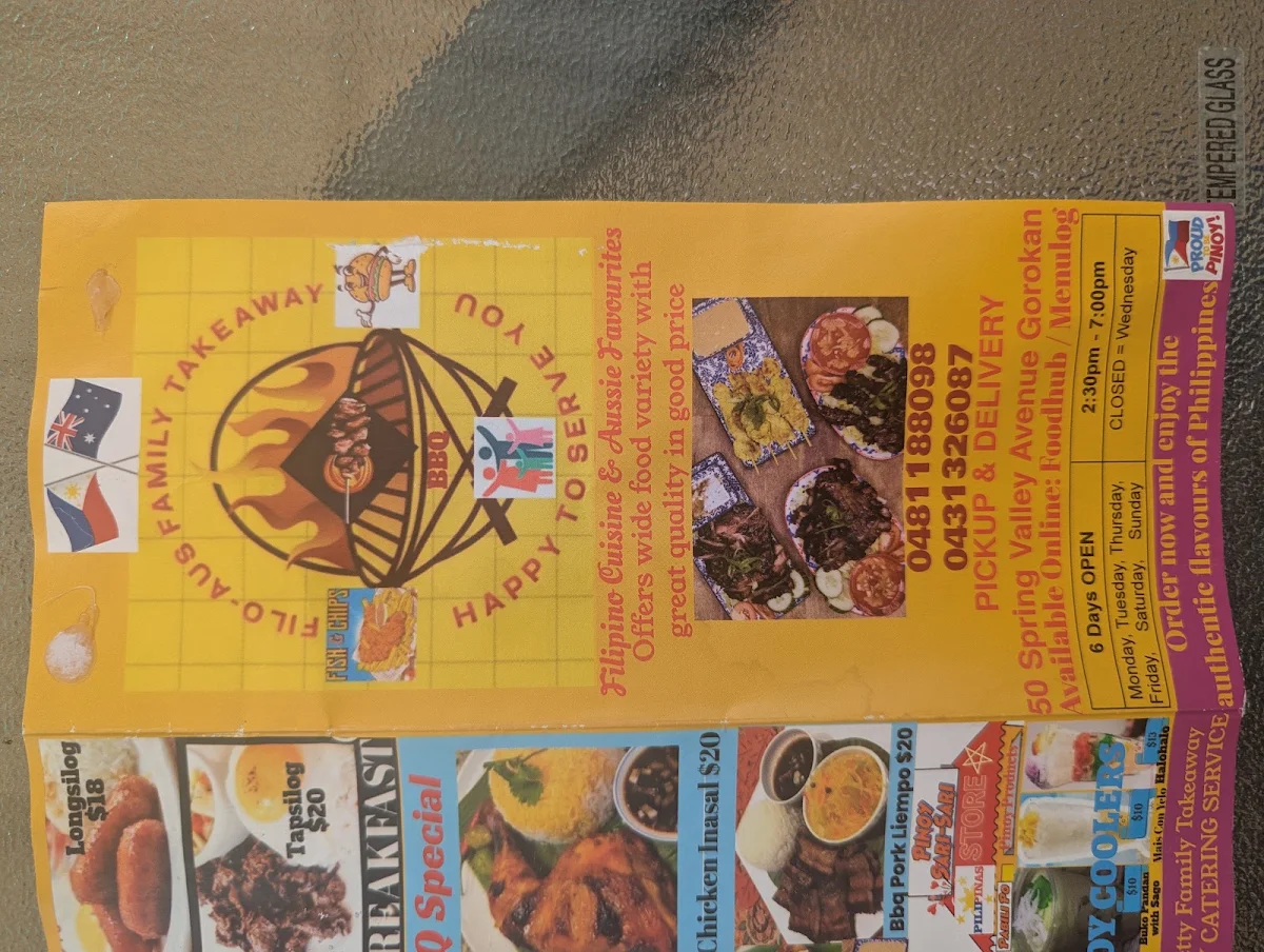 Menu, Filo-Aus Family Takeaway