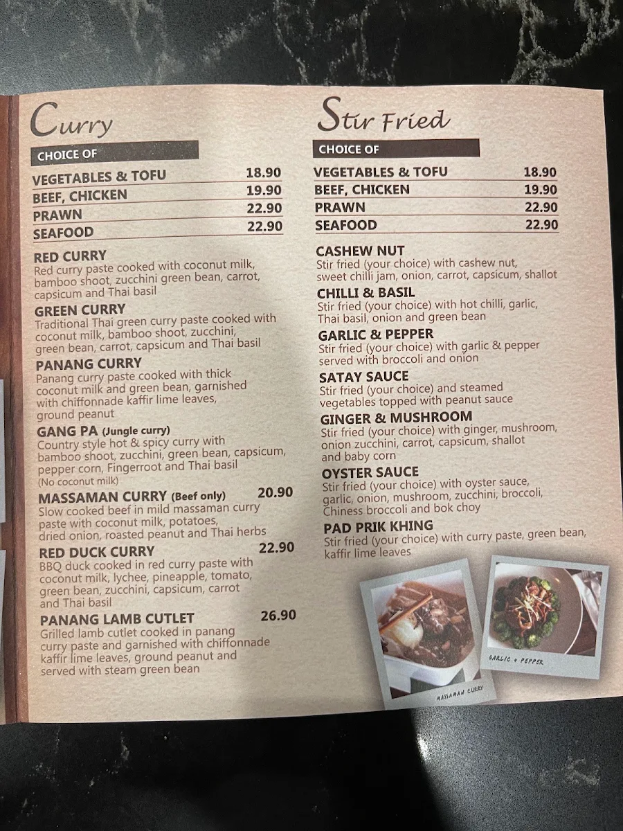 Menu, Gati Thai Restaurant