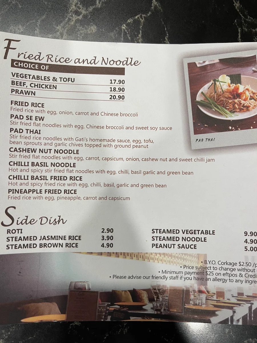 Menu, Gati Thai Restaurant