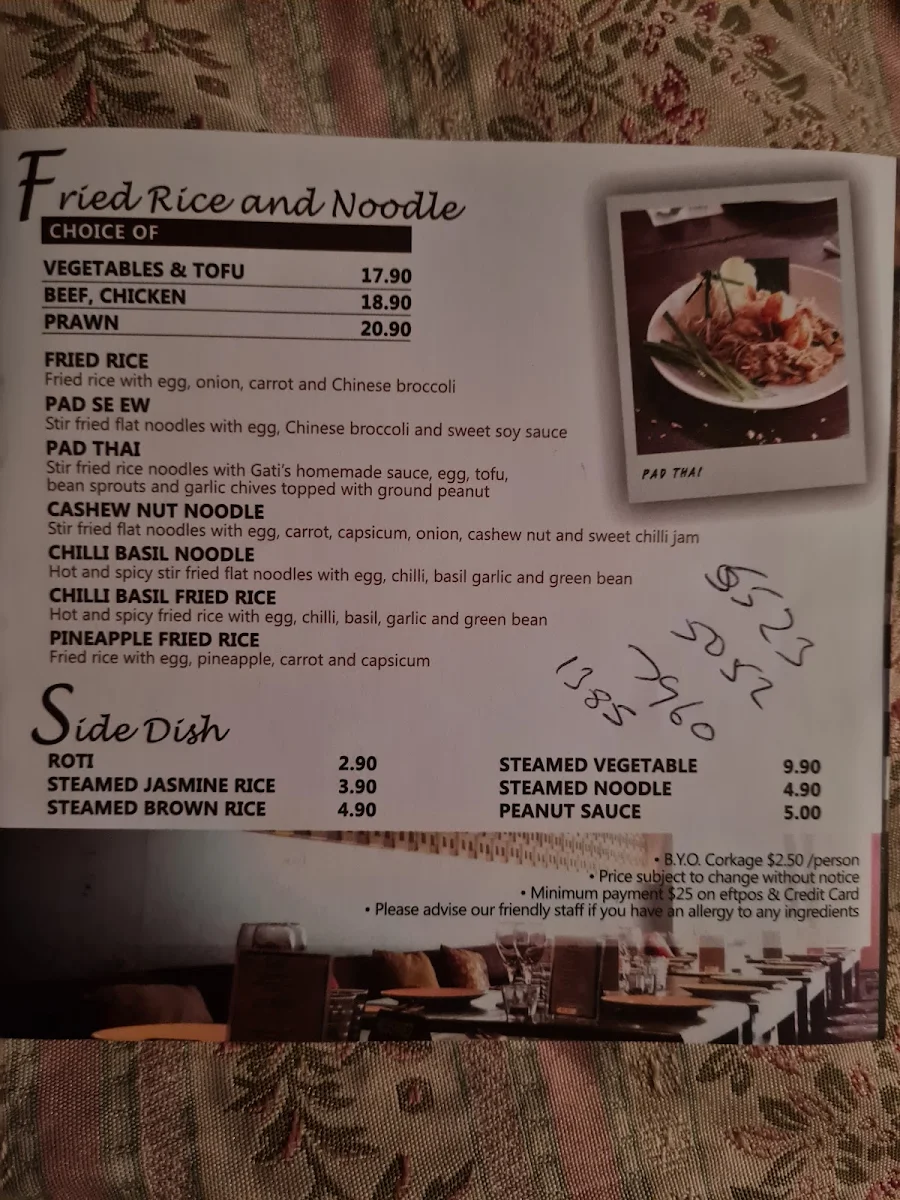 Menu, Gati Thai Restaurant