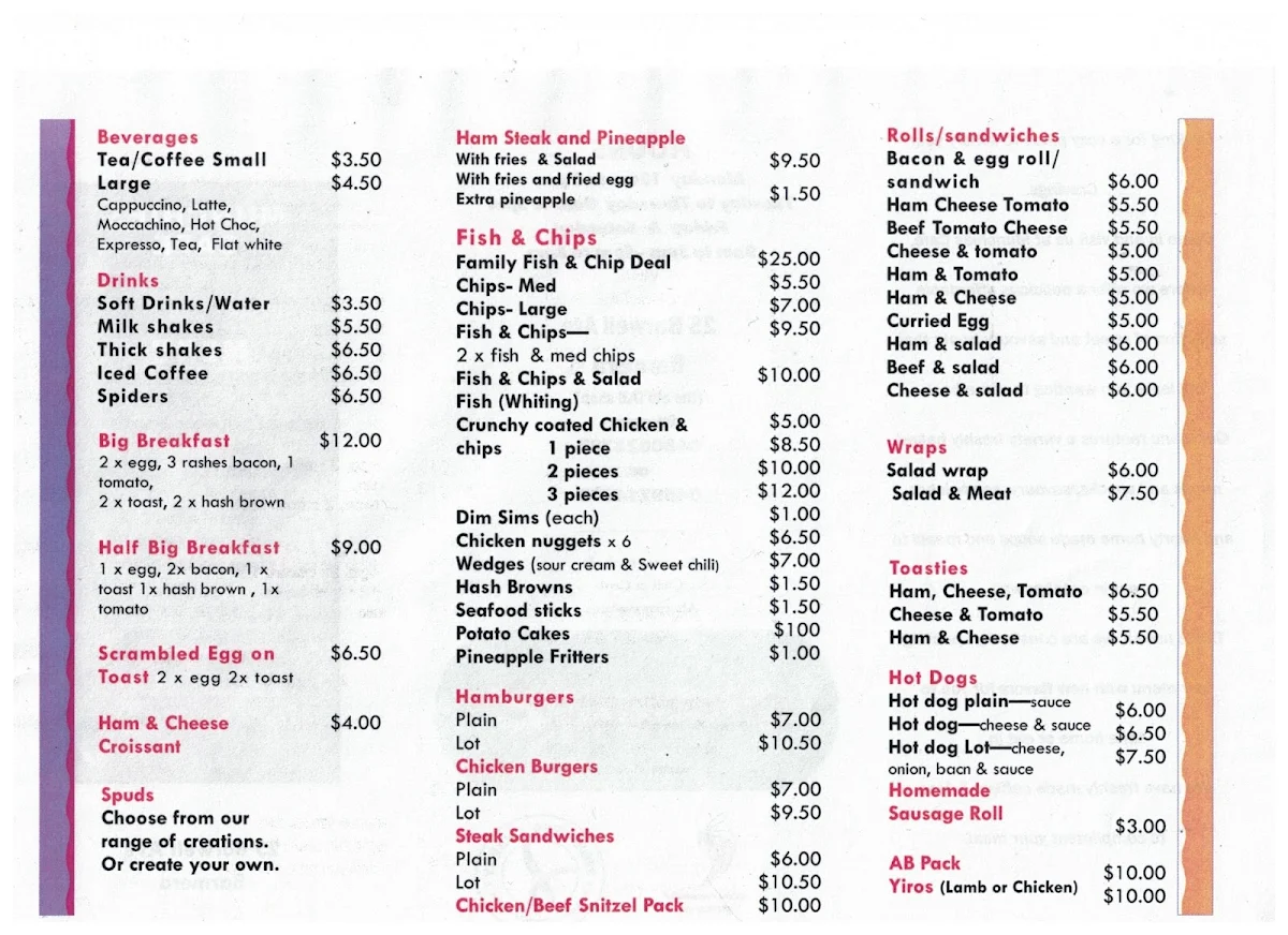 Menu, Munchies Community Cafe