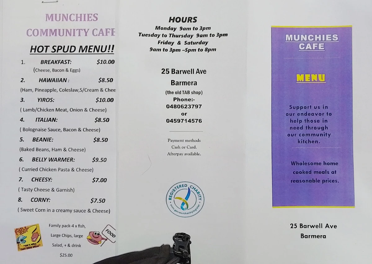 Menu, Munchies Community Cafe