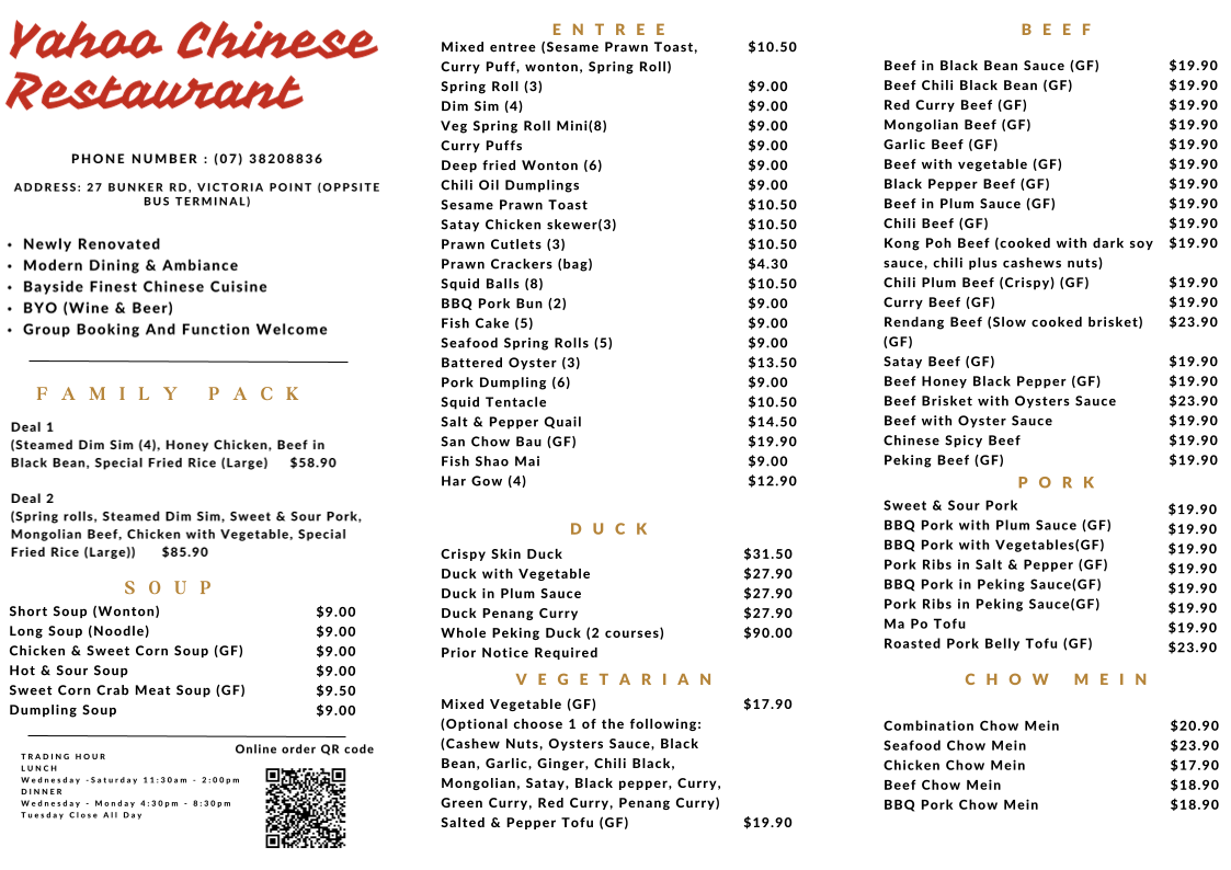 Menu, Ya Hoo Chinese Restaurant
