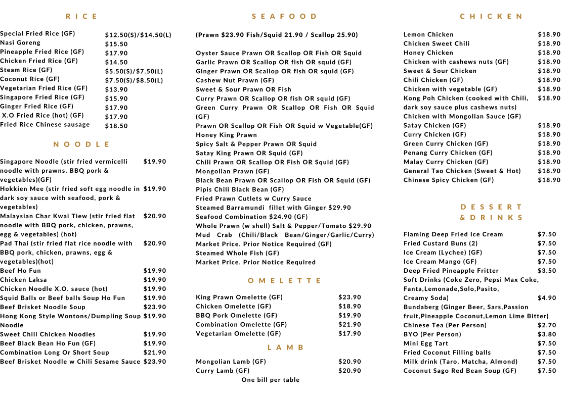 Menu, Ya Hoo Chinese Restaurant