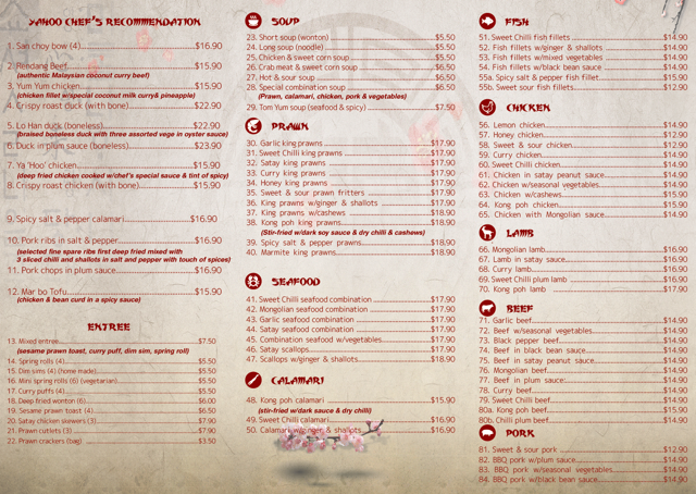Menu, Ya Hoo Chinese Restaurant
