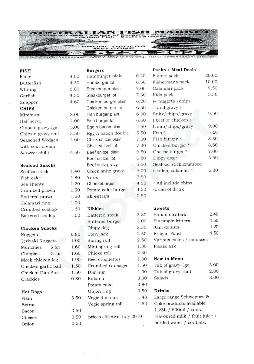 Menu, Australian Fish Market