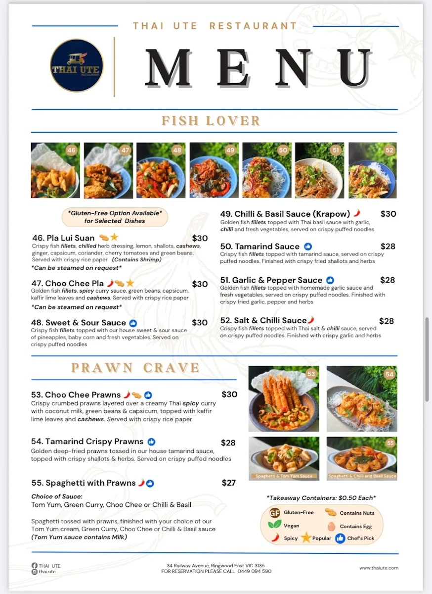 Menu, Thai Ute Restaurant