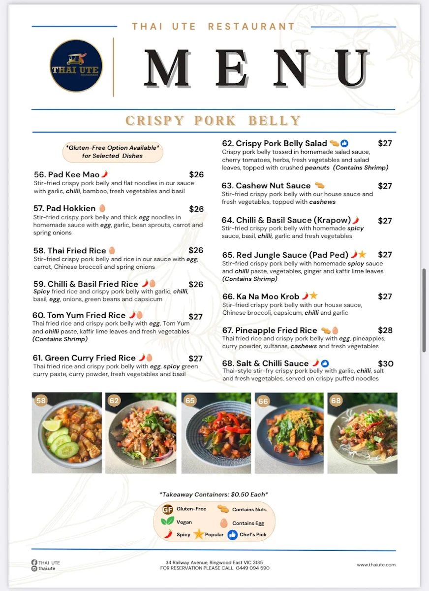 Menu, Thai Ute Restaurant