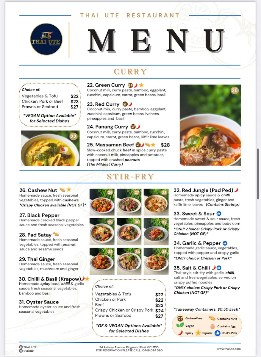 Menu, Thai Ute Restaurant