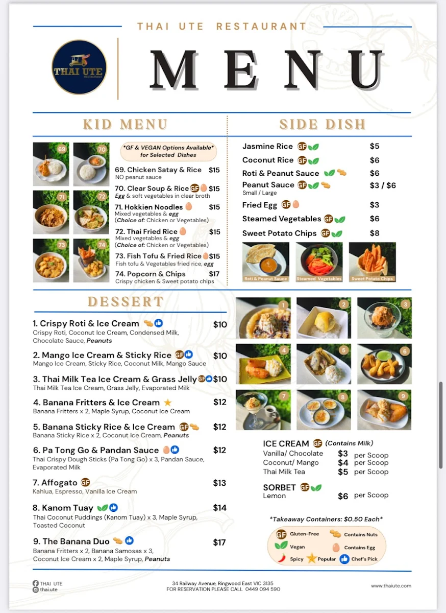 Menu, Thai Ute Restaurant