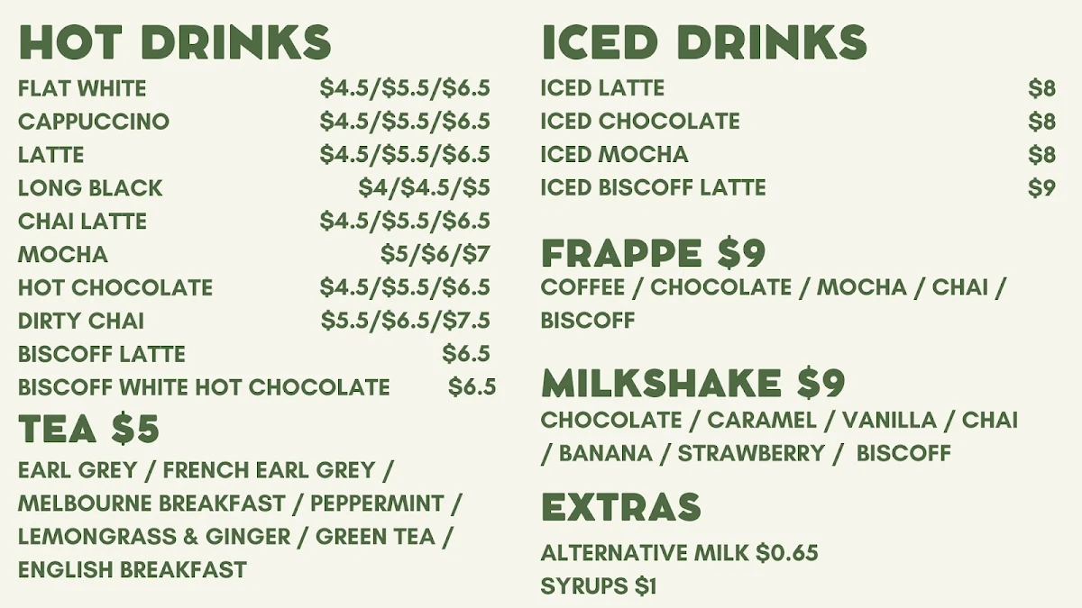 Menu, Barkley & Pips Cafe