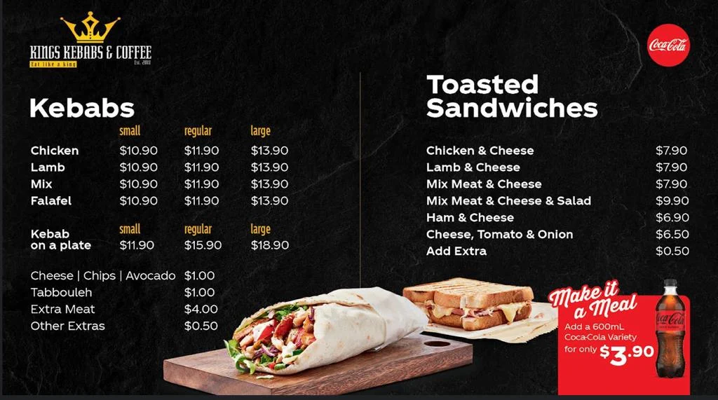 Menu, King's Kebabs & Coffee