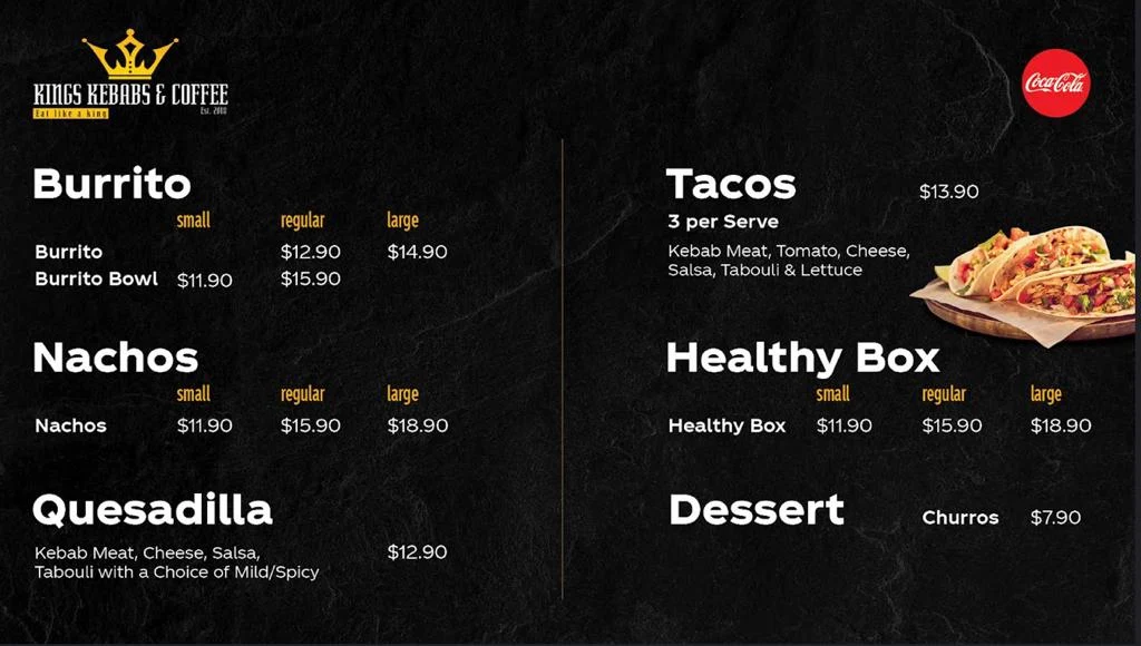 Menu, King's Kebabs & Coffee