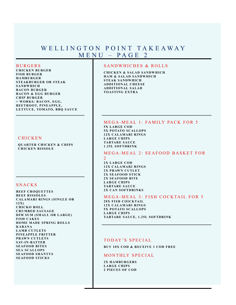 Menu, Wellington Point Takeaway