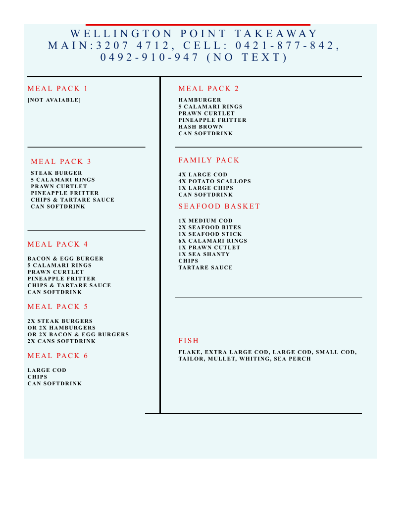 Menu, Wellington Point Takeaway