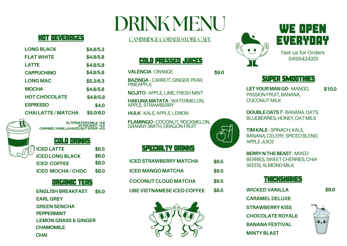 Menu, Cambridge Corner Store