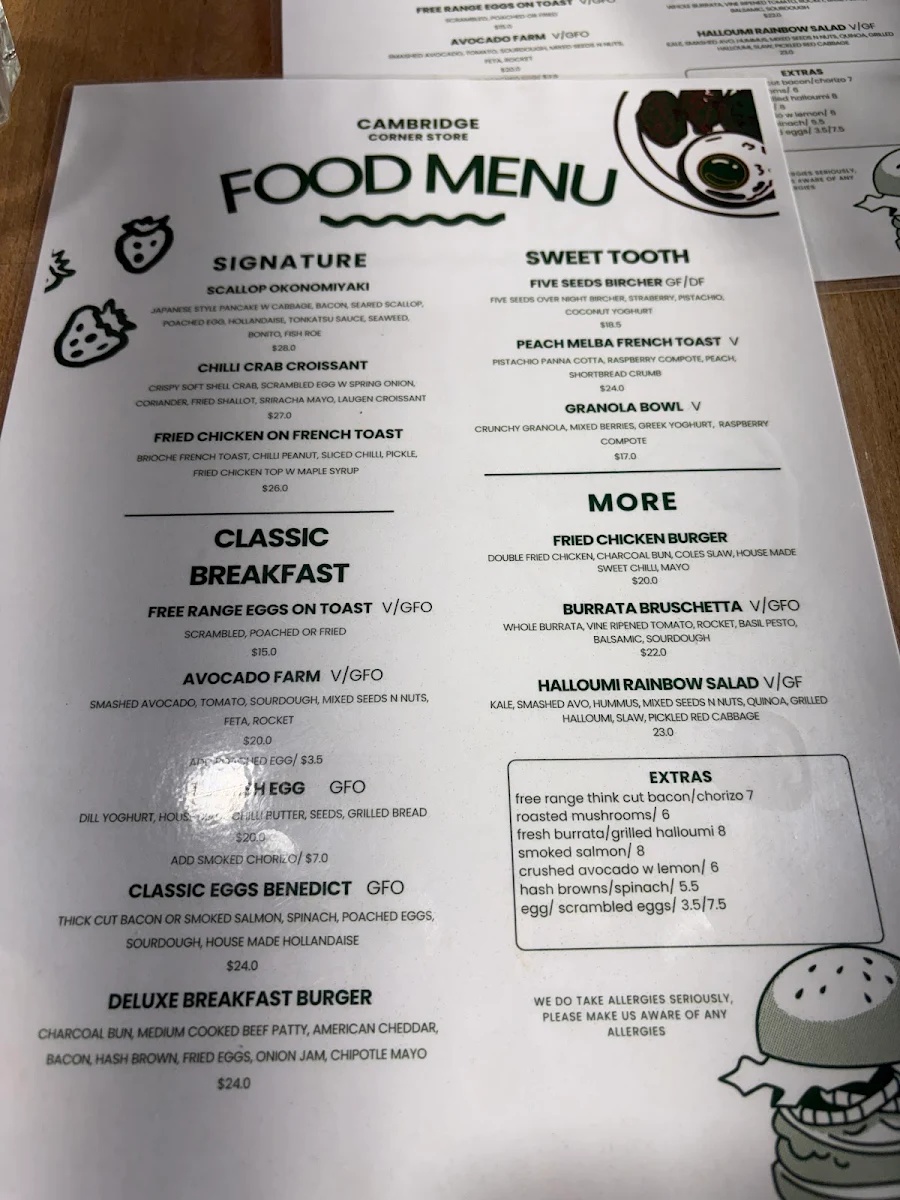 Menu, Cambridge Corner Store