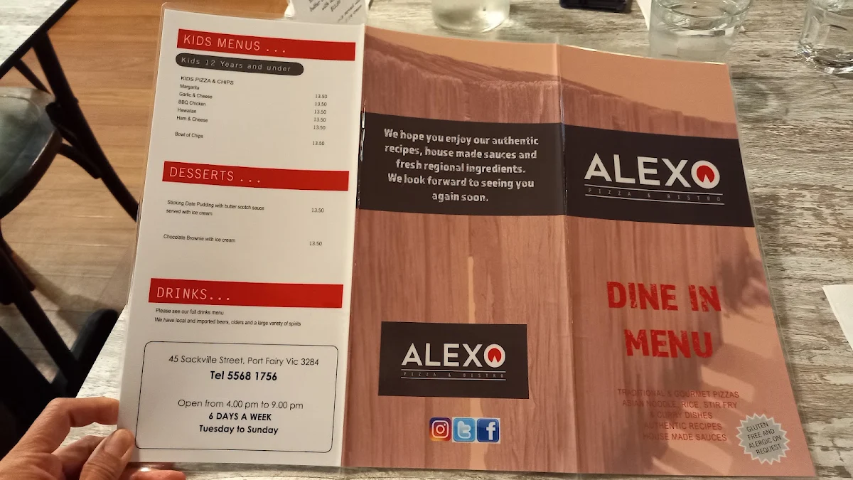 Menu, Alexo Pizza & Bistro