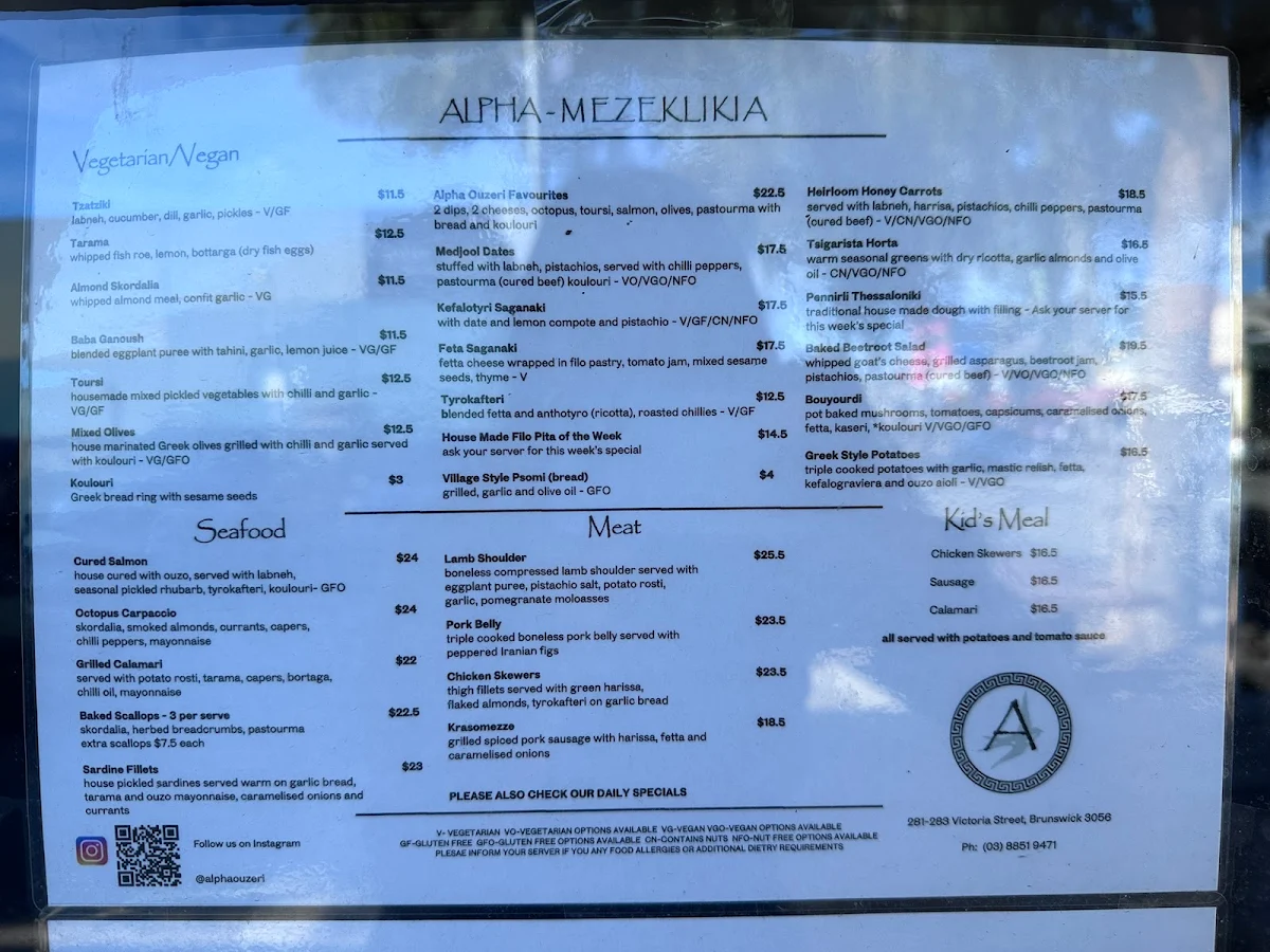 Menu, Alpha Ouzeri
