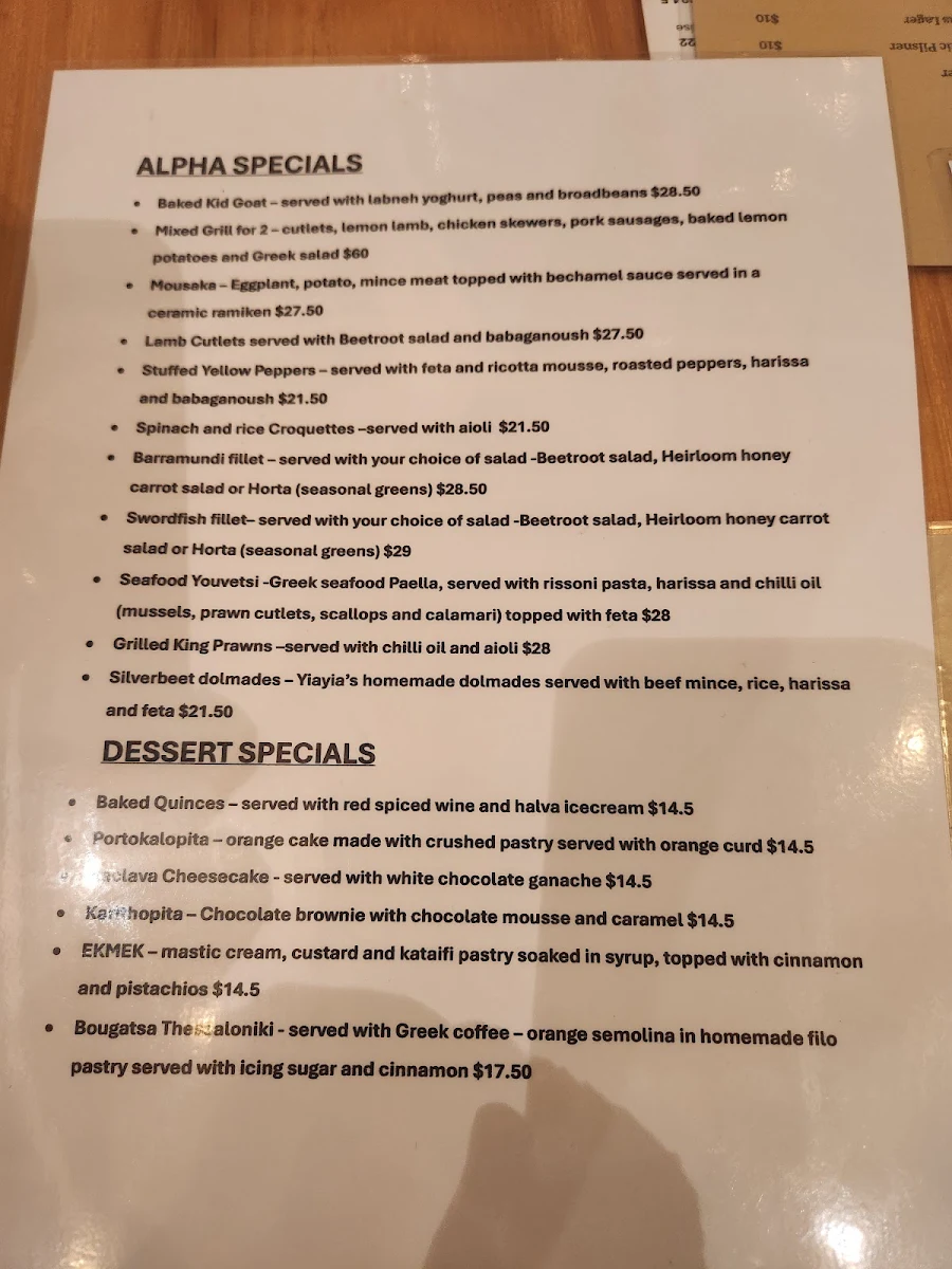 Menu, Alpha Ouzeri