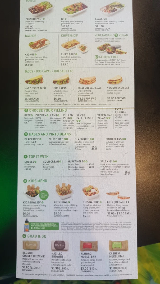 Menu, Zambrero Mittagong