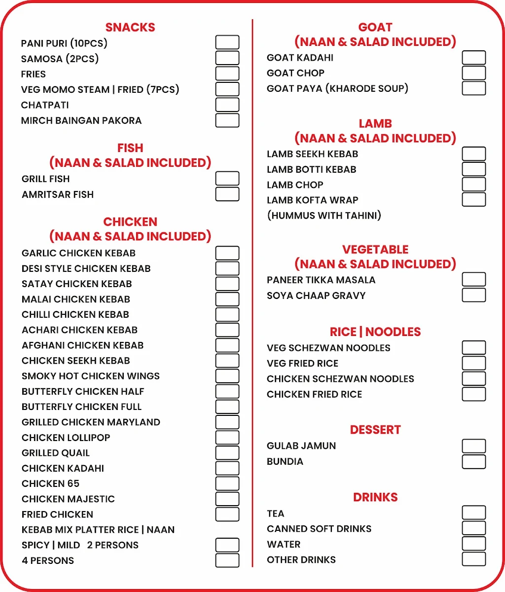Menu, Flaming Skewers & Grill