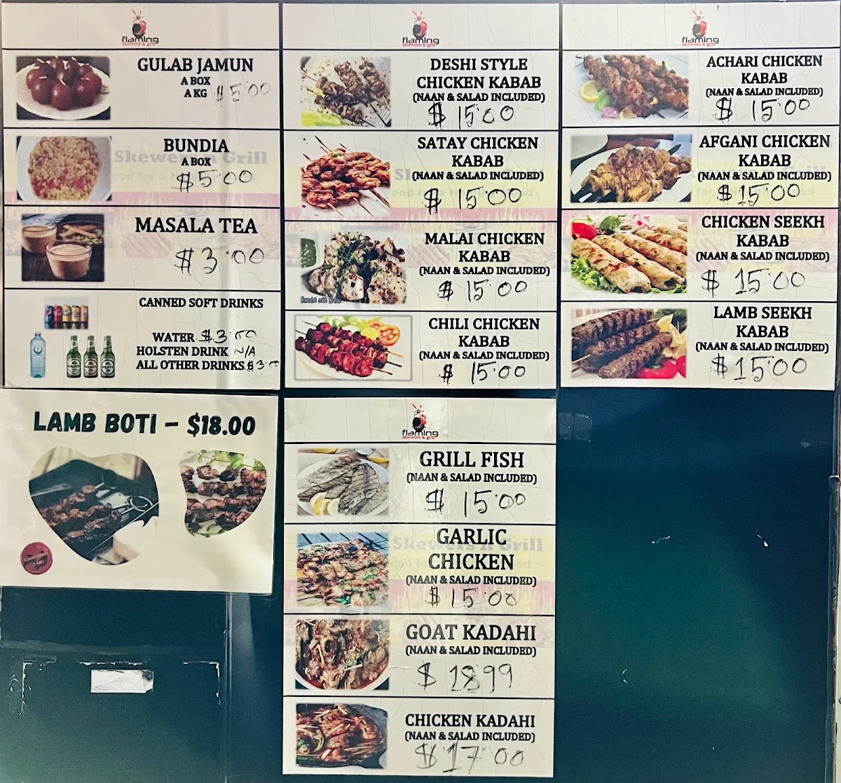 Menu, Flaming Skewers & Grill