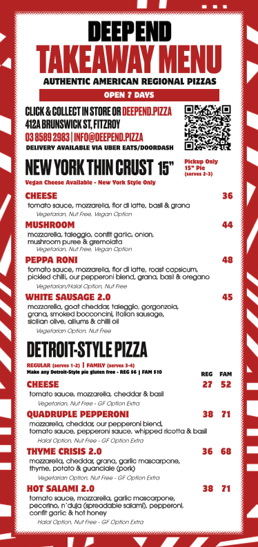 Menu, Deep End Pizza