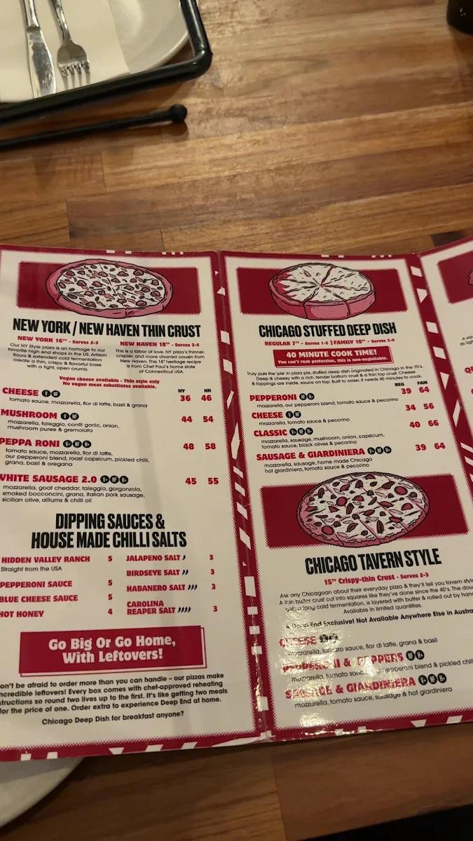 Menu, Deep End Pizza