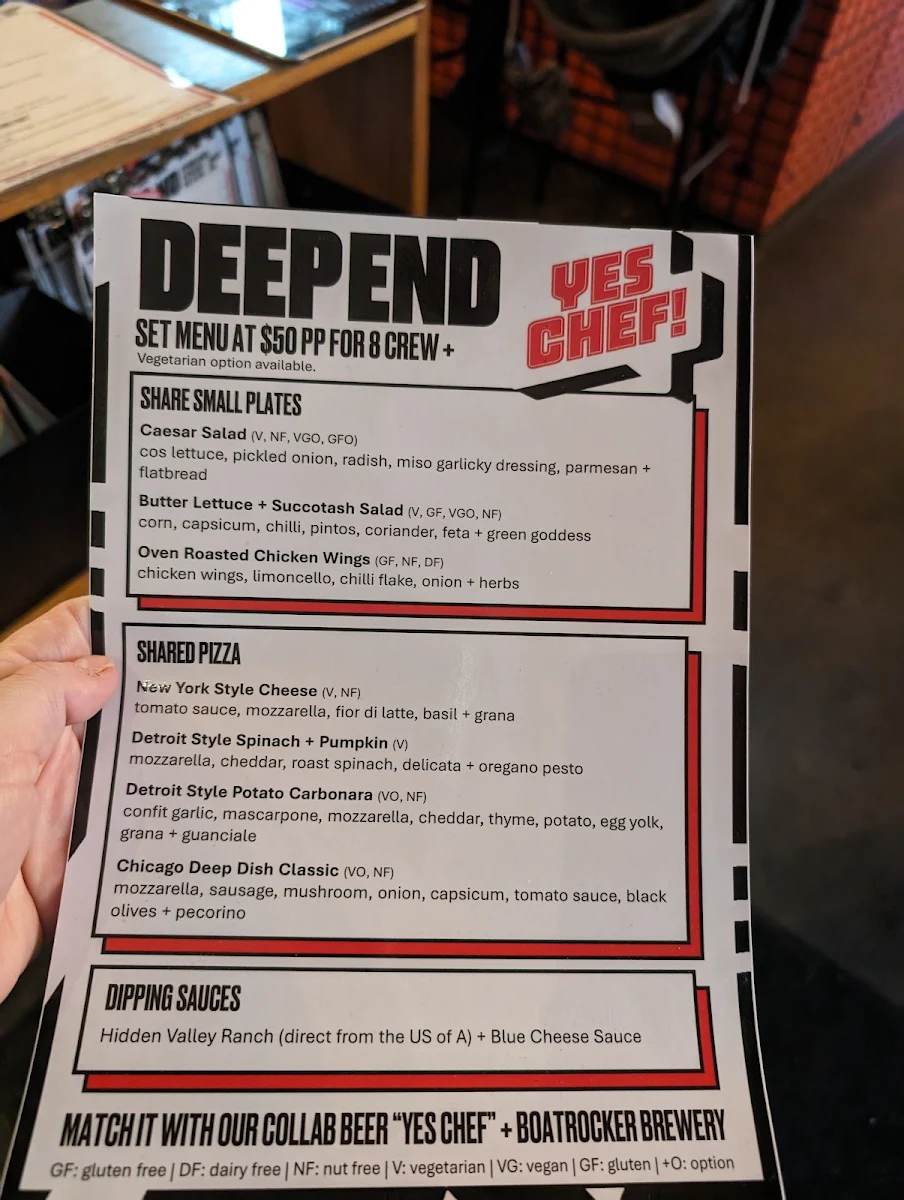 Menu, Deep End Pizza