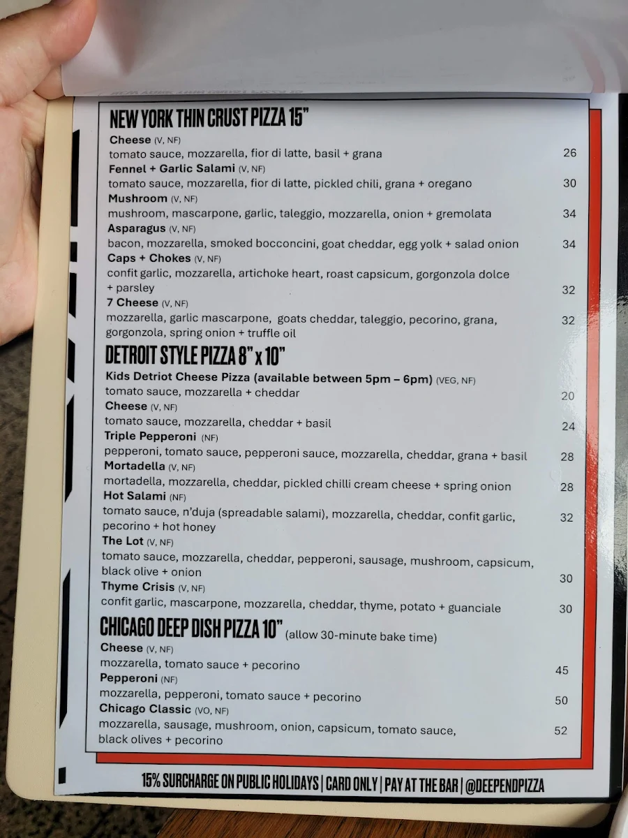 Menu, Deep End Pizza